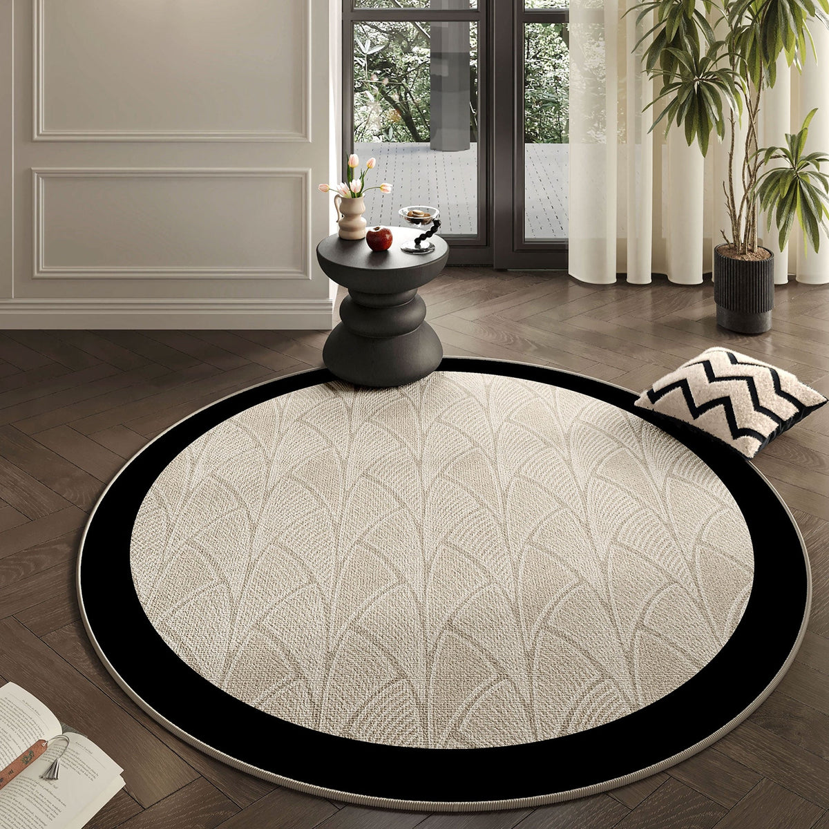 Runder Teppich mit Fächermuster in Beige und Schwarz, 183-245cm, Art-déco-Stil, Wohnzimmer, Esszimmer, Schlafzimmer, rutschfest | Sansoti