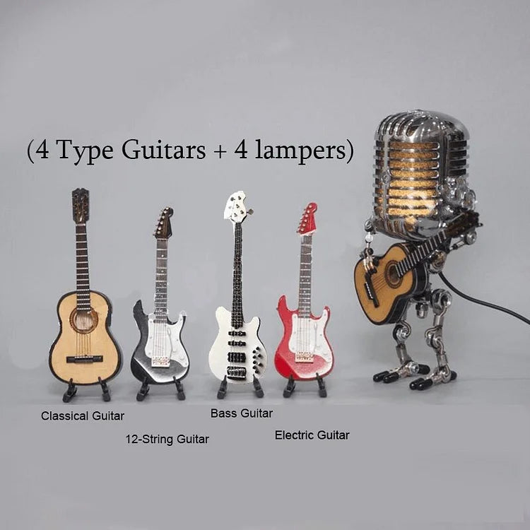 Metalowa lampa-robot z mikrofonem i gitarą, vintage, lampa stołowa, czarna, biała, czerwona, żółta, regulowana, designerska dla muzyków | Sansoti