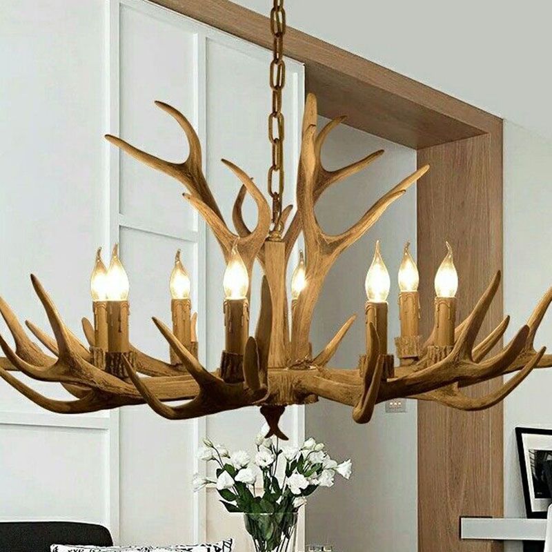 Resin Art Chandelier Metal Antler-Shaped Pendant Light for Living Room Dining Room Rustic Romantic Design | Sansoti