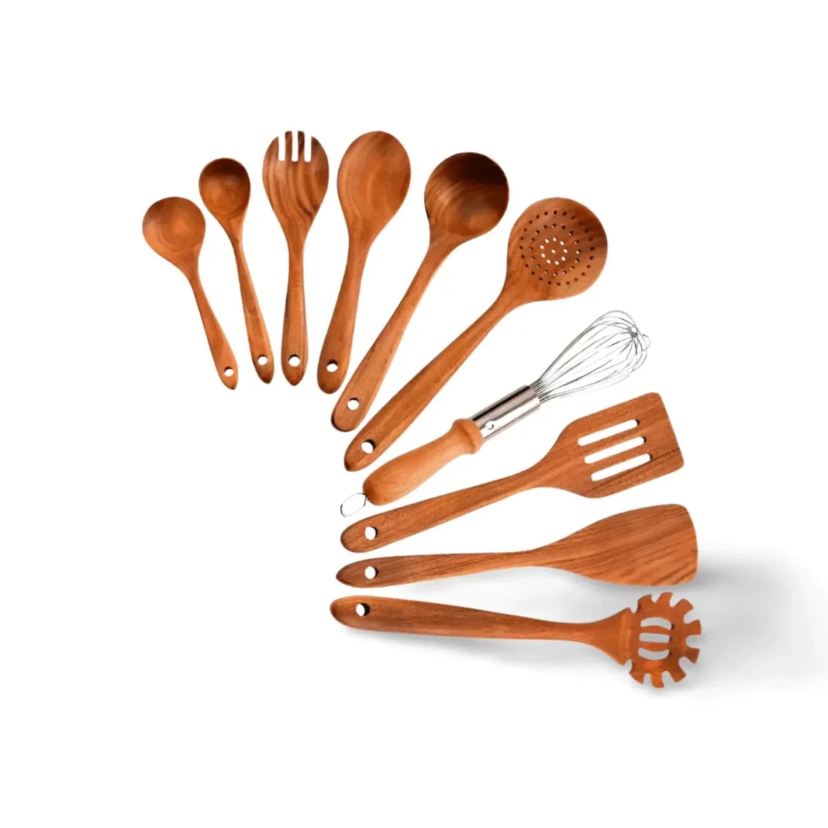Teakhouten Keukengerei Set 4 tot 10-delig Duurzaam Antiaanbak Handgemaakt Hout Koken Spatel Lepel Serveren | Sansoti