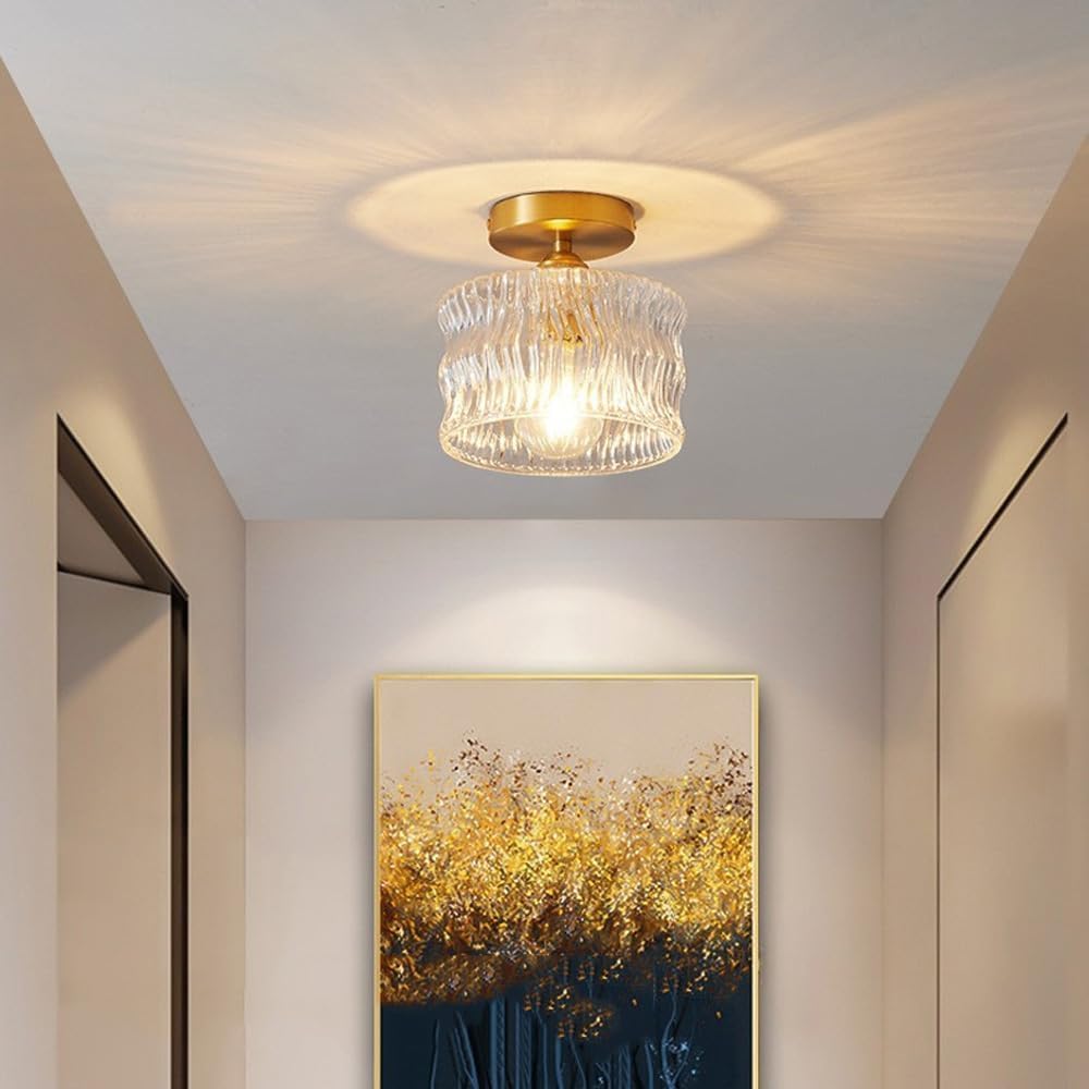 Glas-Deckenleuchte E27 Gold Flur Schlafzimmer Wohnzimmer Riffelglas Deckenleuchte Kompakt Modernes Interieur | Restfield