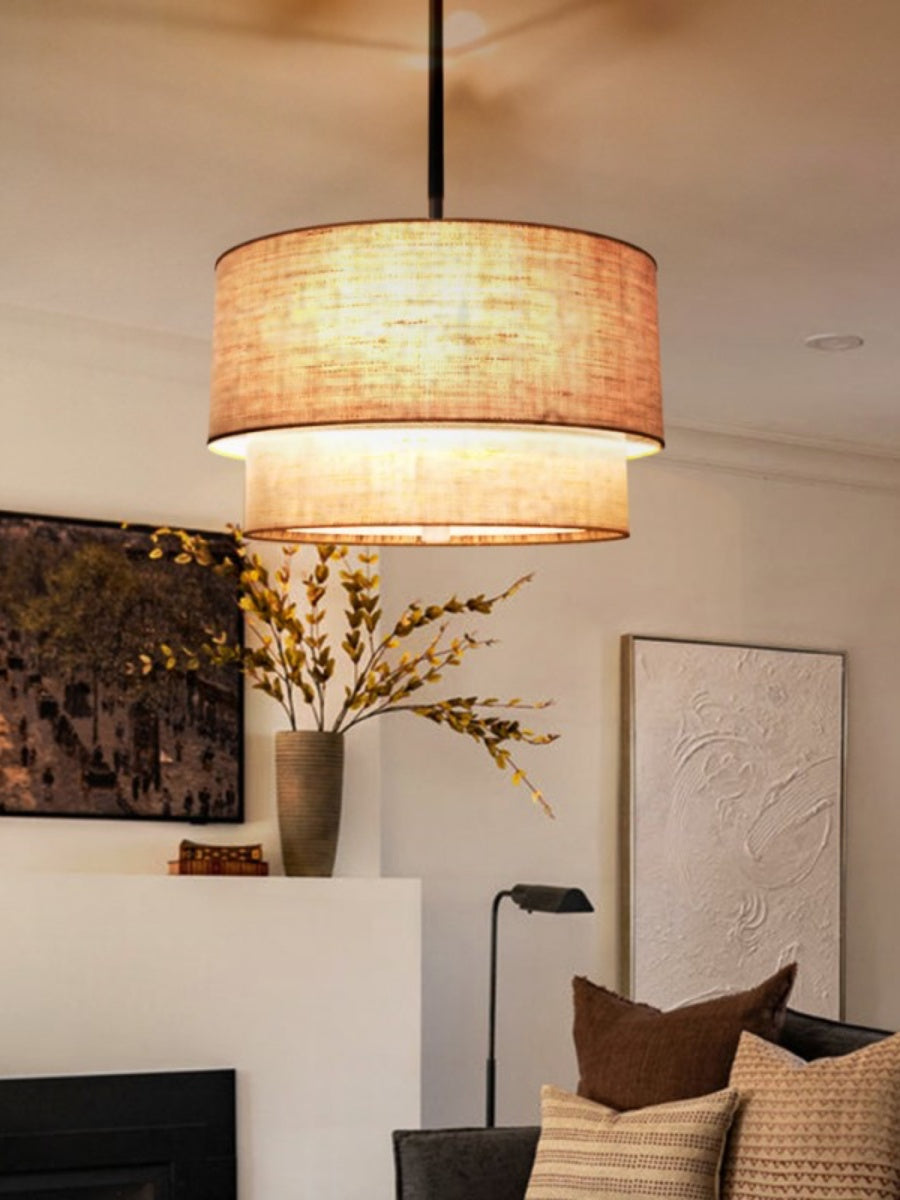 Dubbele Stoffen Drum Hanglamp – Moderne Gelaagde Kap Plafondlamp voor Eetkamer Woonkamer | Sansoti