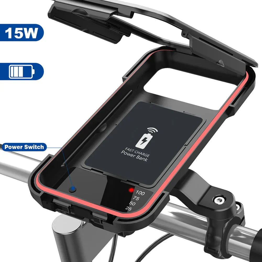 Waterdichte Telefoonhouder voor Fiets met 15W Draadloze Powerbank Zwart | Sansoti