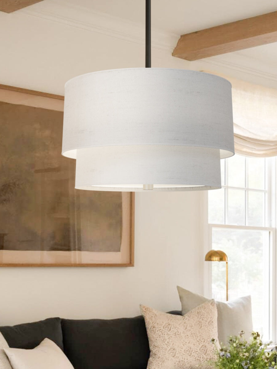 Dubbele Stoffen Drum Hanglamp – Moderne Gelaagde Kap Plafondlamp voor Eetkamer Woonkamer | Sansoti