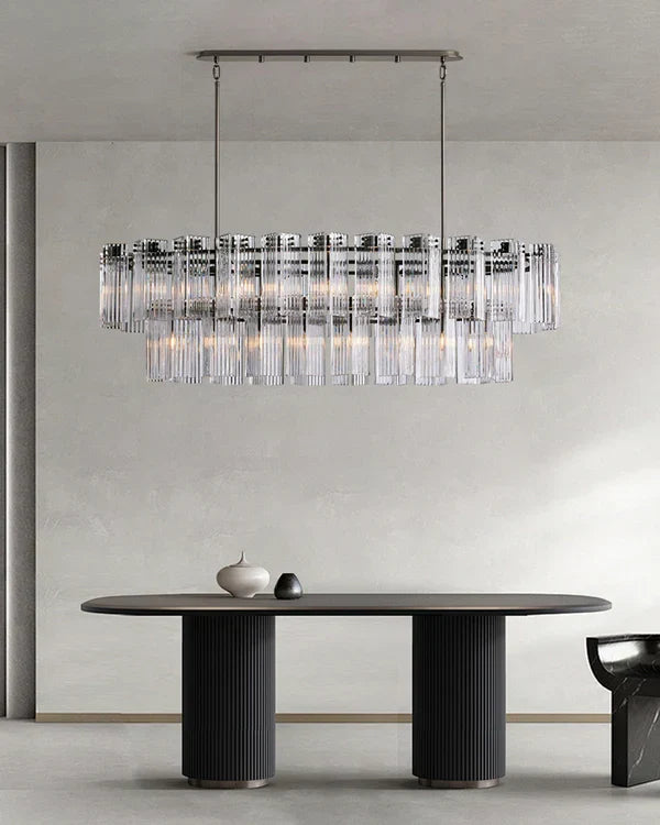 Ovale Kroonluchter Geribbeld Glas Stalen Frame 51-72cm Instelbare Hoogte E12 Fitting Messing Brons Eetkamer | Sansoti