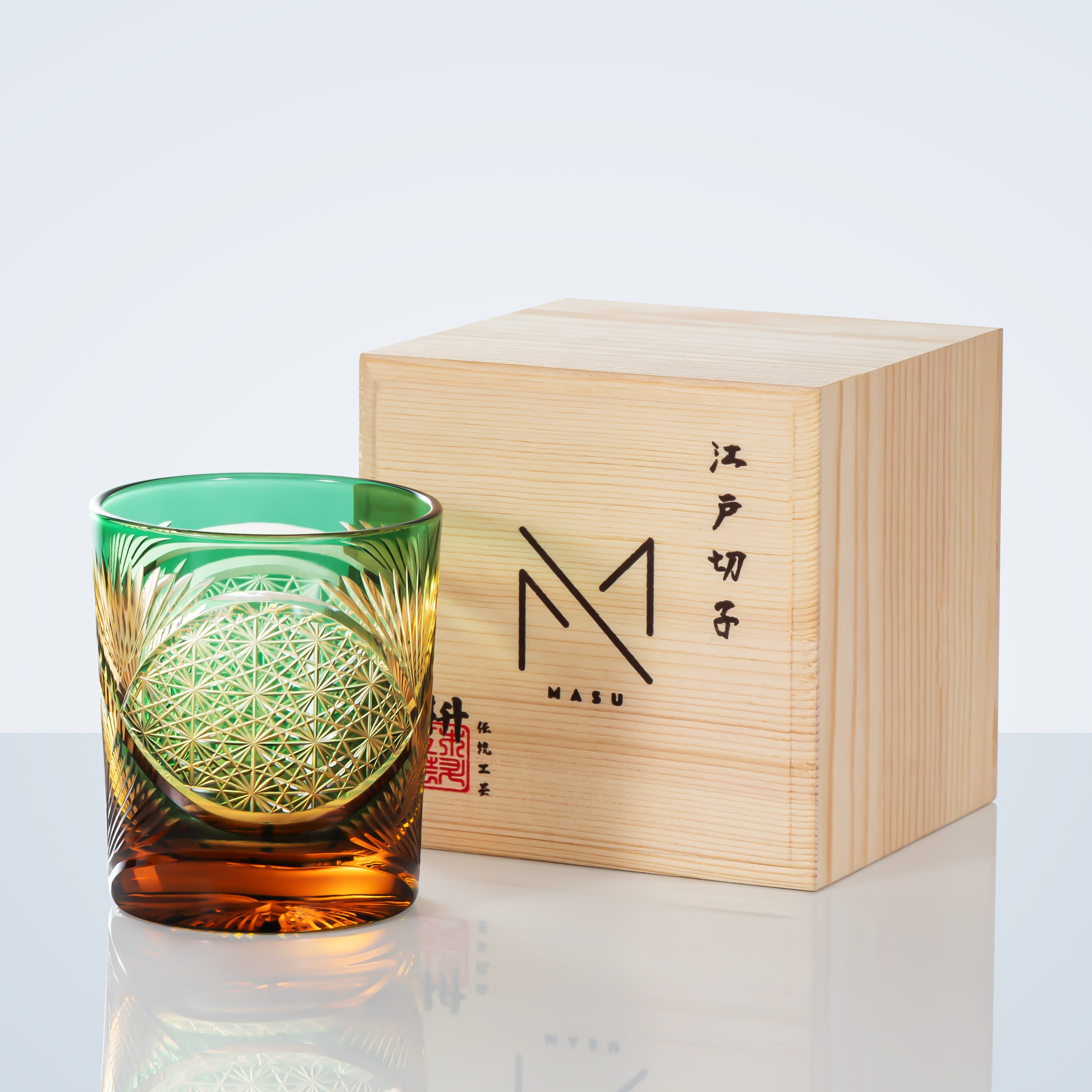 Verre à whisky Edo Kiriko Plume de grue Ambre Fait main Cristal japonais Boîte en bois | Restfield