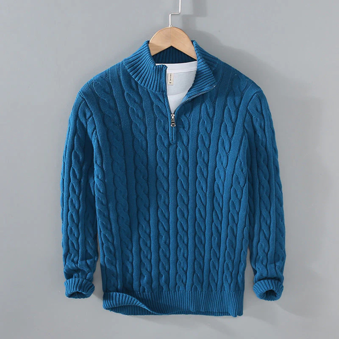 Gestrickter Herrenpullover mit Zopfmuster, Stehkragen und Reißverschluss, Baumwolle, warm, leger, Winter, Marineblau, Grau, Beige | Sansoti