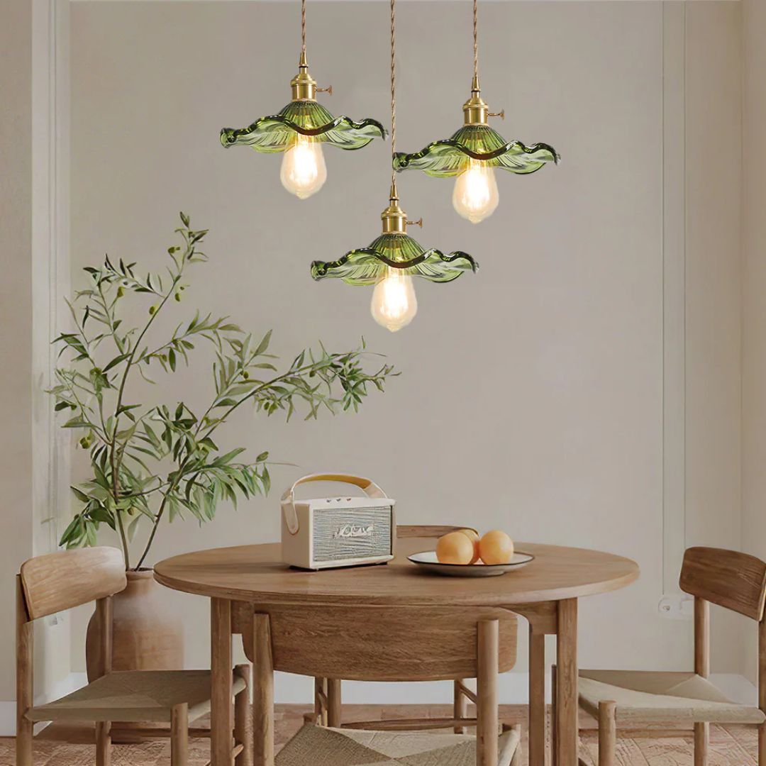 Suspension Verre E27 23cm Vert Laiton Forme fleur Table à manger Chambre Éclairage rétro Vintage | Restfield