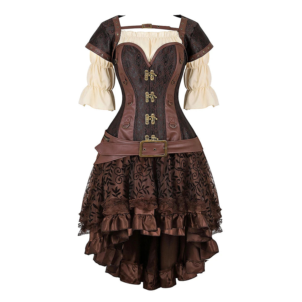 Pirate Corset Costume Set Faux Leather Off-Shoulder Blouse Layered Skirt Steampunk Gothic Halloween Costume | Sansoti