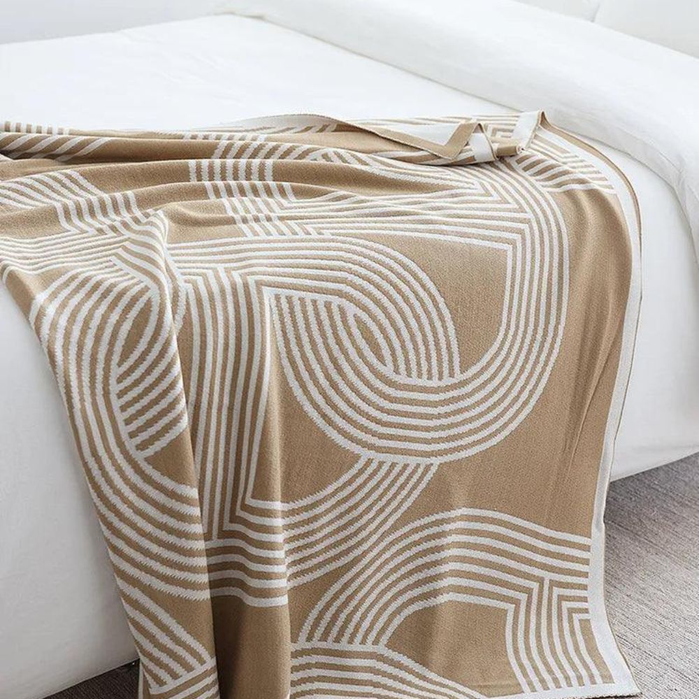 Couverture tricotée à motif géométrique réversible, plaid gris et sable en microfibre, chaud, pour la chambre, le canapé ou le salon | Sansoti