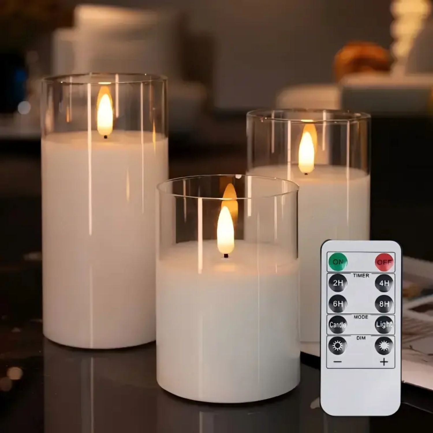 Bougies LED avec télécommande verre noir éclairage d’ambiance set minuterie intérieur moderne salon chambre décoration effet flamme réaliste | Restfield