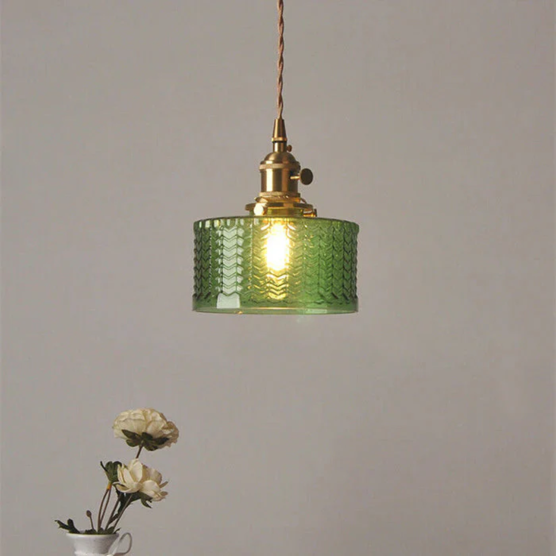 Suspension Quilivon verre laiton vert E27 cuisine table à manger éclairage rétro verre cannelé design | Restfield