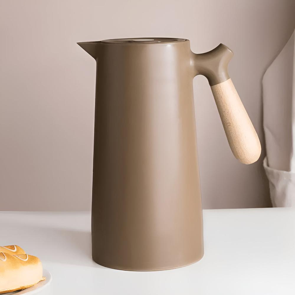 Thermoskan 1L RVS Houten Handvat Beige Keuken Koffie Thee Geïsoleerde Karaf Dubbelwandig Lekvrij Design Karaf Scandinavisch | Sansoti