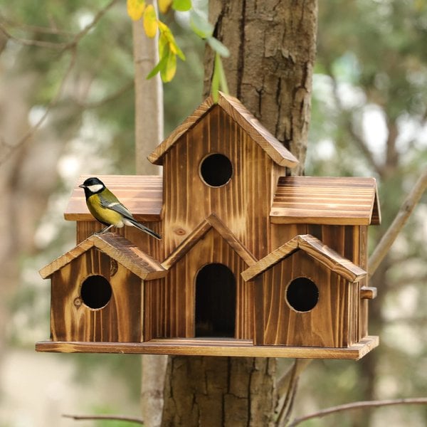 Vogelhuisje Hout 20cm Bruin Hangend Tuin Vogelhuis Nestkast 6 Gaten Buiten Balkon Decoratie Natuur | Sansoti