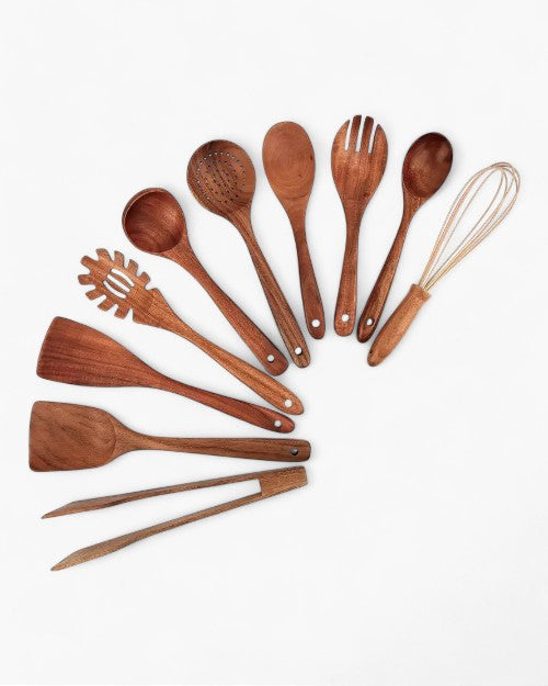 Teakhouten Keukengerei Set | Duurzaam Houten Bestek voor Dagelijks Koken | Zachtvoor Pannen | Elegant Keukenaccessoire | Milieuvriendelijk | Sansoti