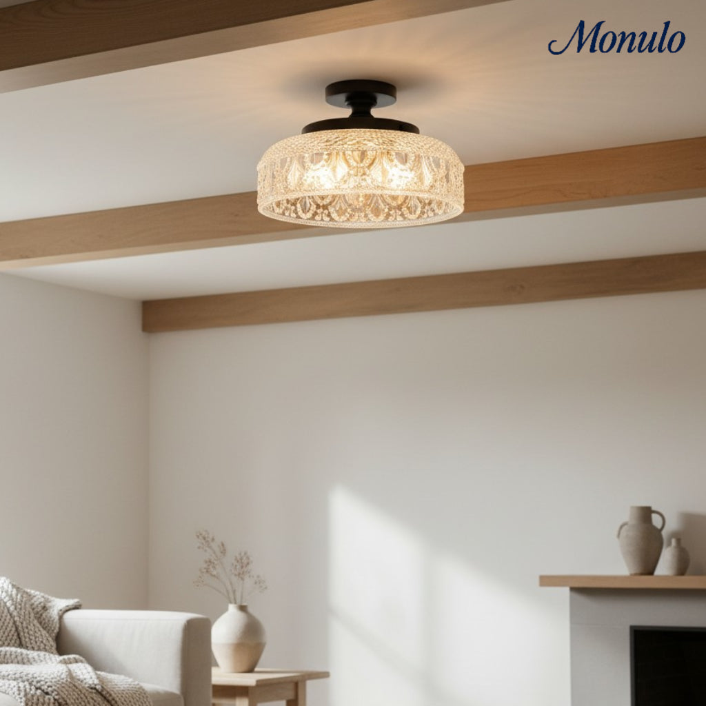 Geribbelde Glazen Plafondlamp met Metalen Armatuur – Minimalistische Verlichting voor Slaapkamer en Gang | Sansoti