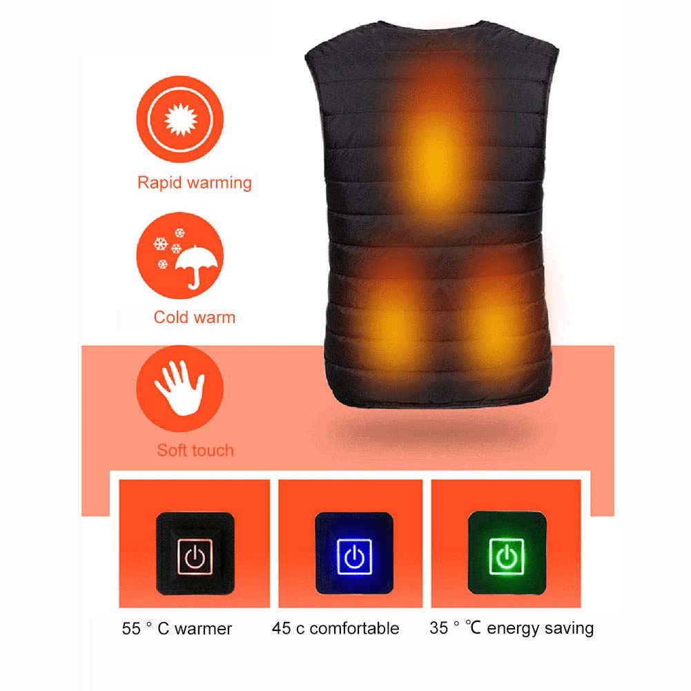 Elektrische beheizbare Weste, Unisex, Schwarz, 3 Wärmezonen, einstellbare Temperatur, für Winter und Outdoor-Aktivitäten | Sansoti