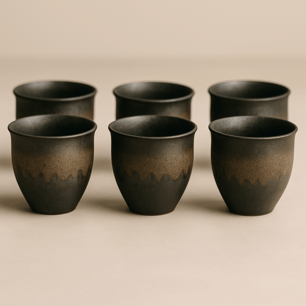 Service à café en céramique fait main, 6 pièces, tons terre, texture naturelle, tasses à espresso et mugs | Sansoti