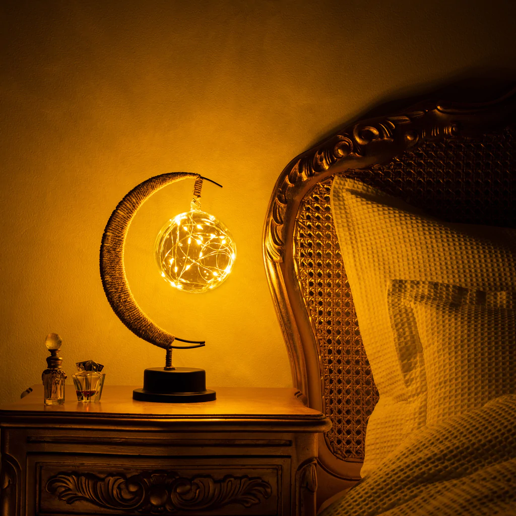Maanlamp met Natuurlijke Maankraters – Decoratieve Tafellamp met Warm Sfeerlicht in Goud Blauw Paars | Sansoti
