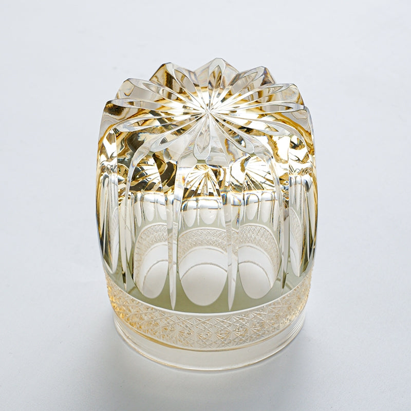 Handgeslepen Amber Whiskeyglas met Sterrenhemel Patroon en Houten Doos | Sansoti