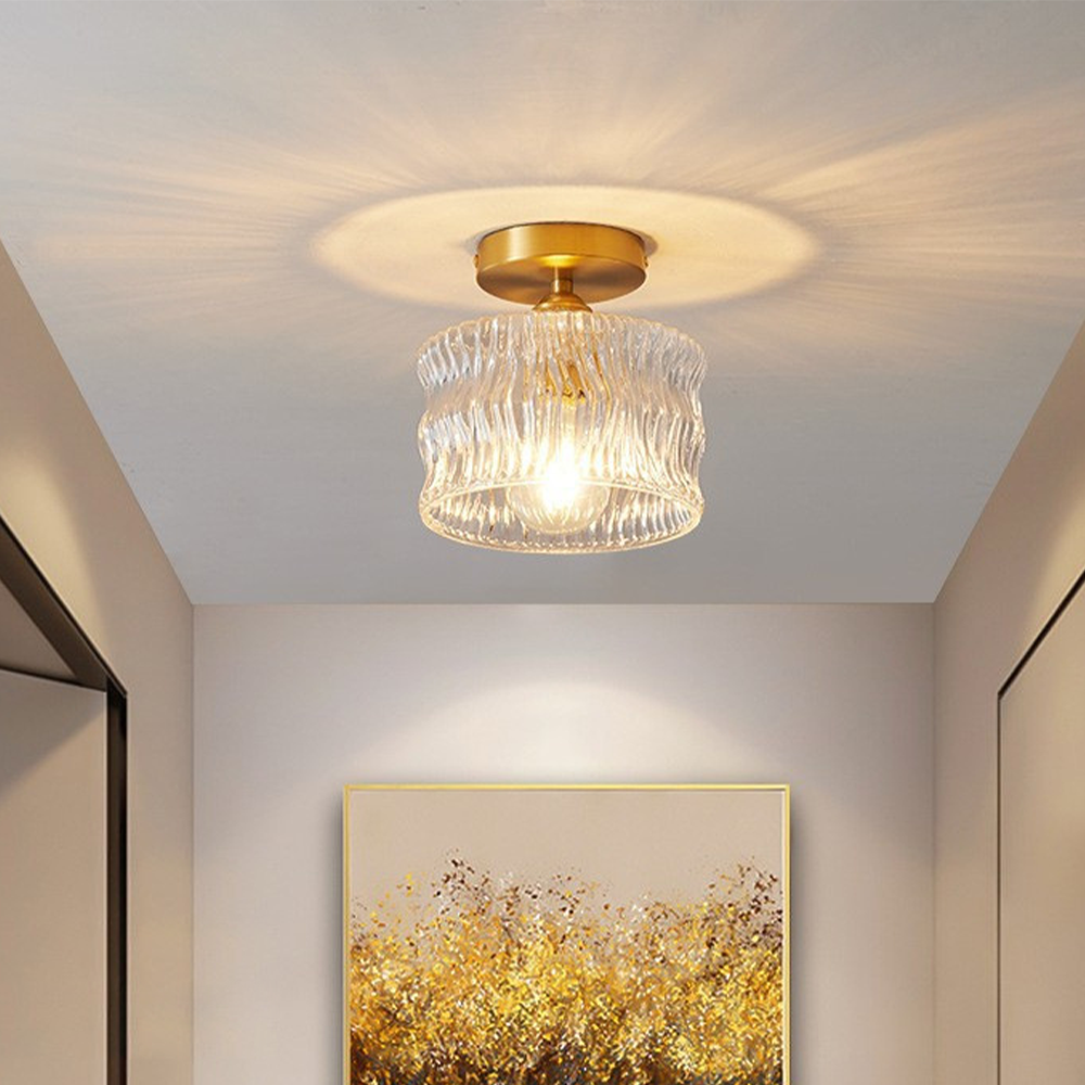Glas-Deckenleuchte E27 Gold Flur Schlafzimmer Wohnzimmer Riffelglas Deckenleuchte Kompakt Modernes Interieur | Restfield