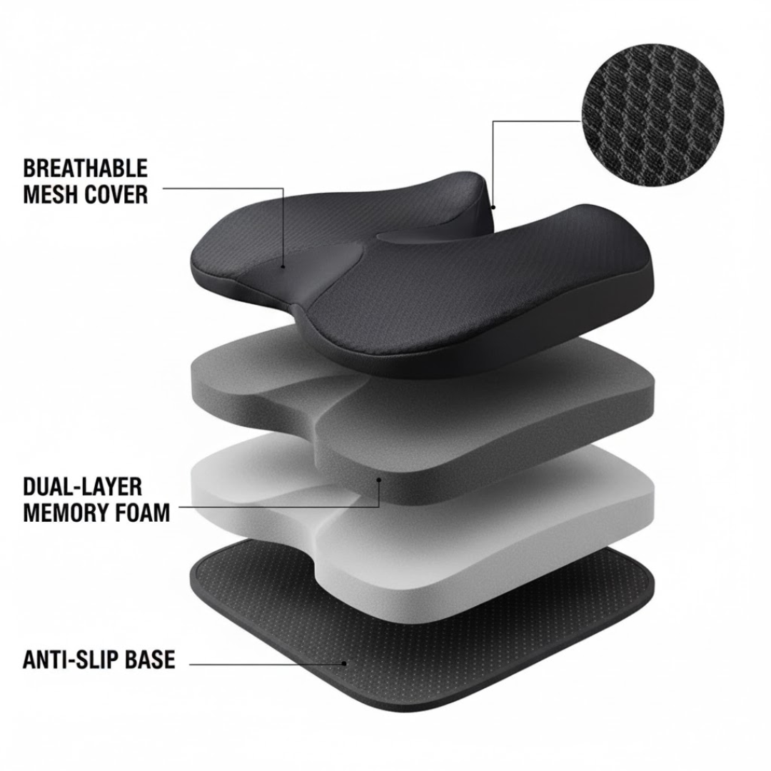 Ergonomisch Zitkussen Memory Foam Ademend Antislip Wasbaar Hoes Kantoor Auto Rolstoel 44x14cm | Sansoti