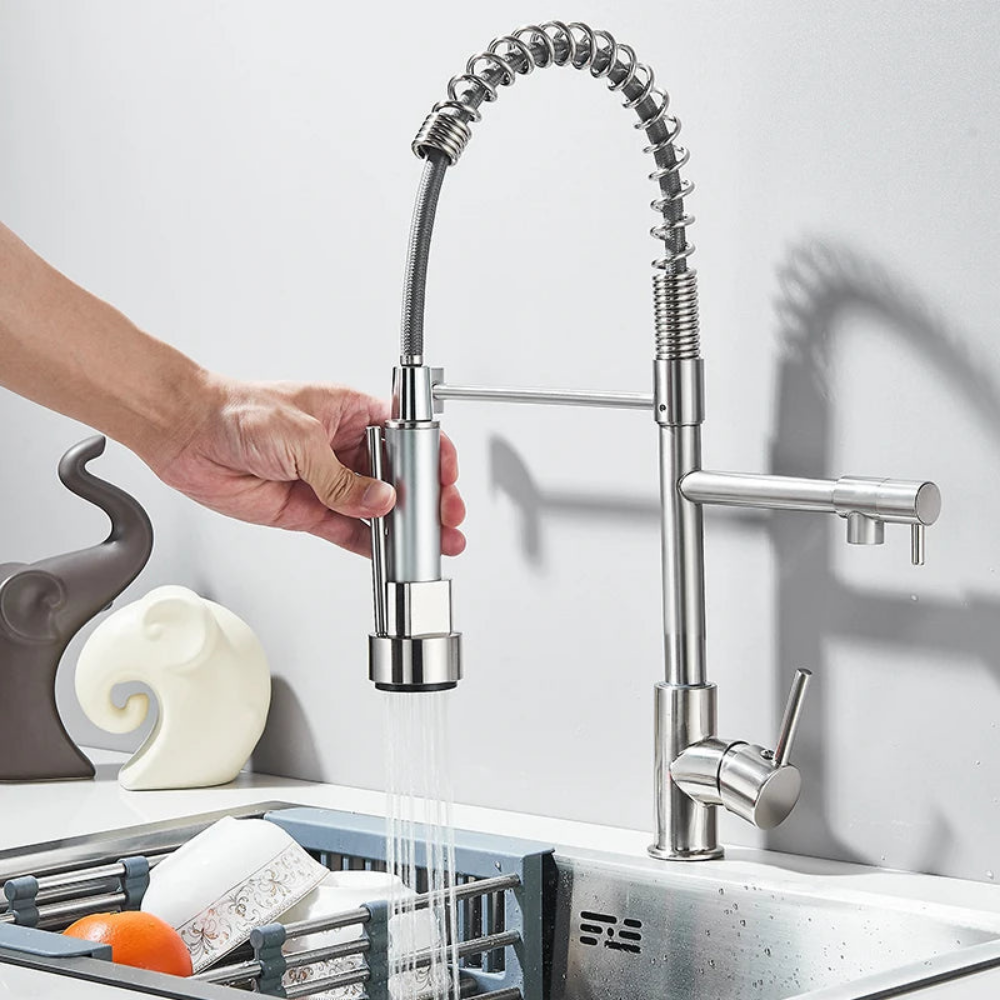 Robinet de cuisine extensible chromé à bec orientable, eau chaude et froide, douchette flexible, mitigeur de cuisine | Sansoti