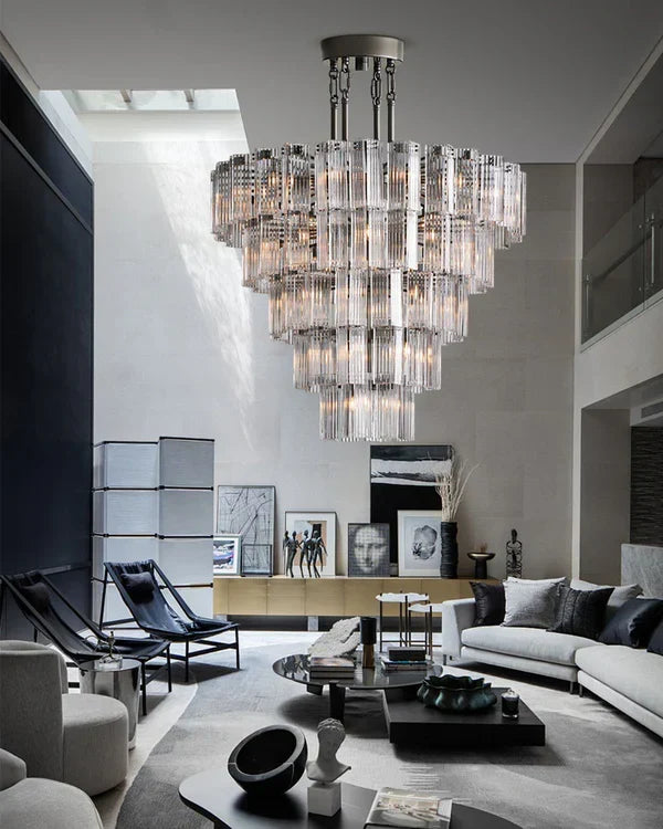 Okrągły żyrandol z ryflowanym szkłem i stalową ramą, 38–60 cm, lampa wisząca z wieloma źródłami światła do jadalni, na klatkę schodową, do sali balowej i salonu | Sansoti