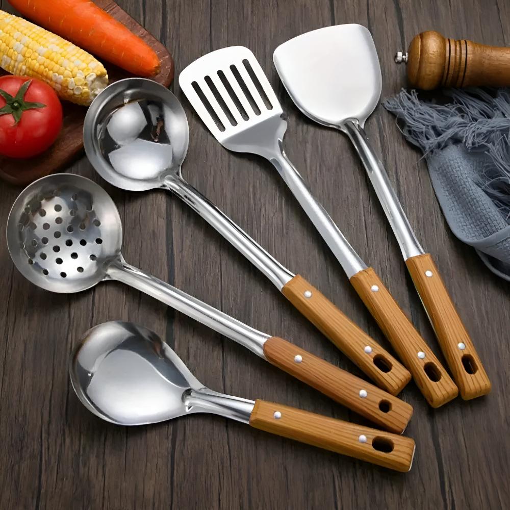 Set d’ustensiles de cuisine 5 pièces acier inoxydable manche bois résistant à la chaleur | Restfield