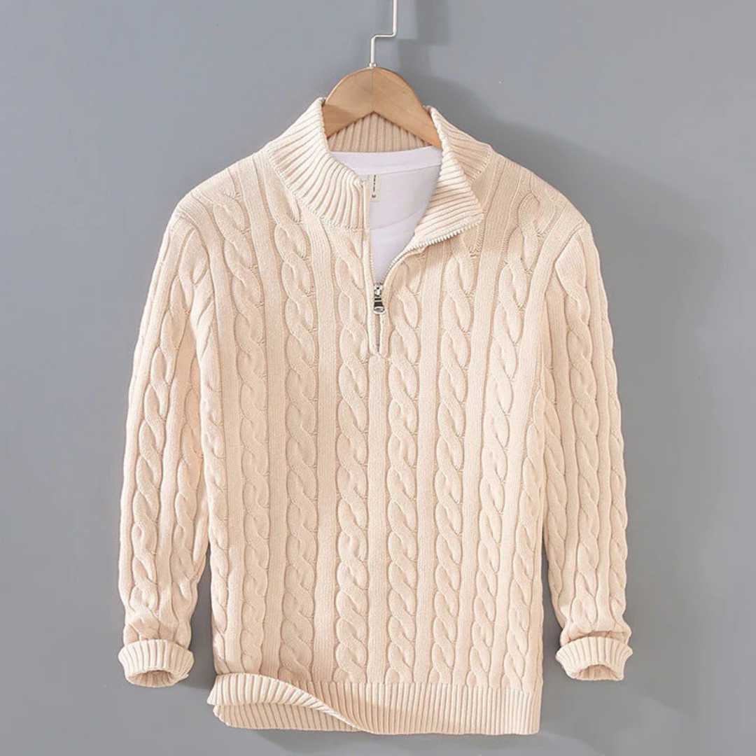 Gestrickter Herrenpullover mit Zopfmuster, Stehkragen und Reißverschluss, Baumwolle, warm, leger, Winter, Marineblau, Grau, Beige | Sansoti