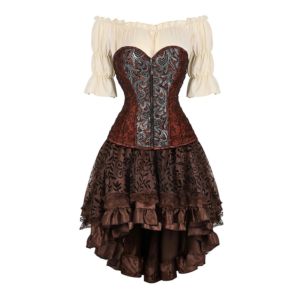 Pirate Corset Costume Set Faux Leather Off-Shoulder Blouse Layered Skirt Steampunk Gothic Halloween Costume | Sansoti