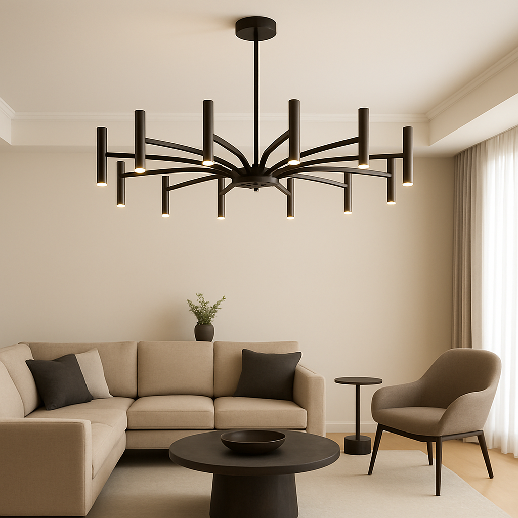 Lustre à 12 lampes, métal noir, 100 cm, pour la salle à manger, le salon et la chambre, suspension moderne avec éclairage LED | Sansoti