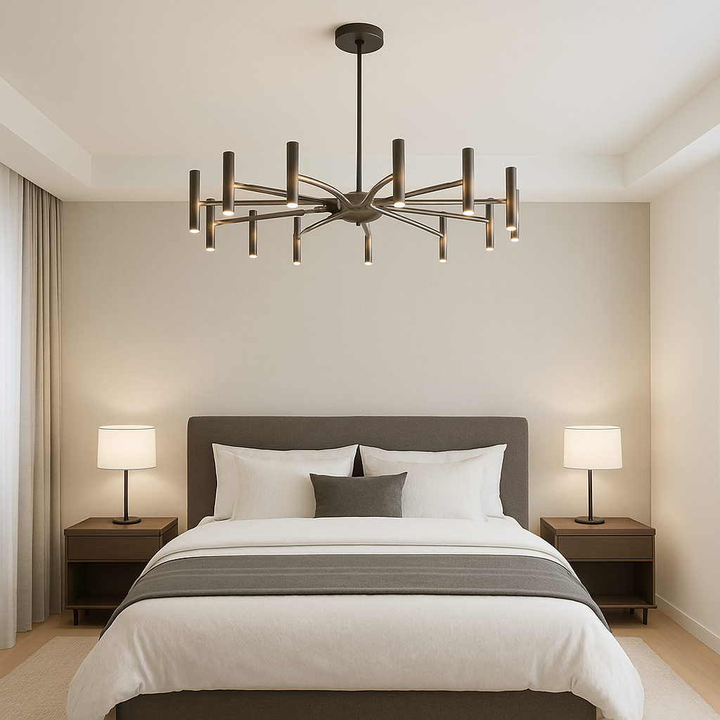 Lustre à 12 lampes, métal noir, 100 cm, pour la salle à manger, le salon et la chambre, suspension moderne avec éclairage LED | Sansoti