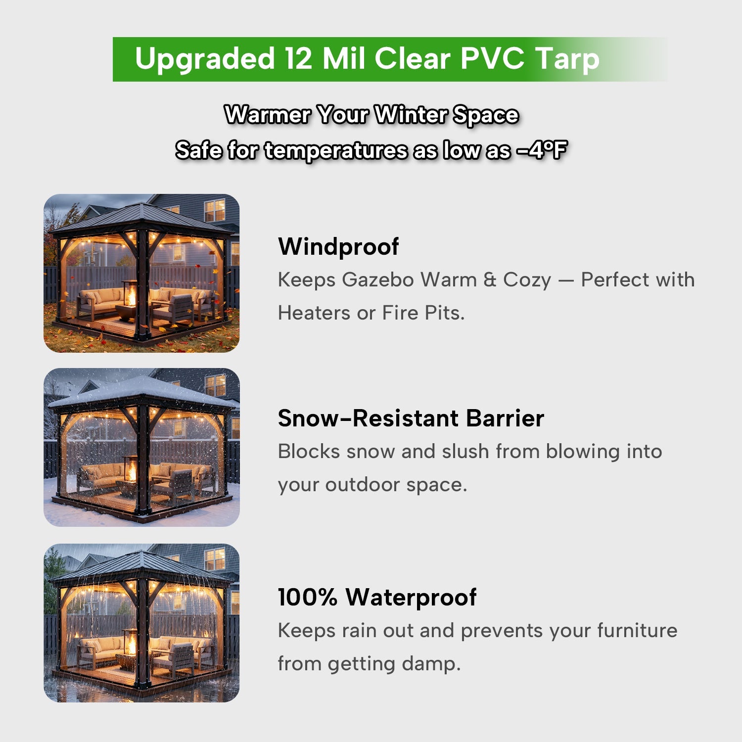 Transparent PVC Terrace Screen 0.35mm Thick Waterproof Windproof with Eyelets | Cover for Canopy Gazebo Veranda | Sansoti
