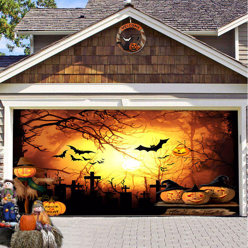 Halloween Garagedeur Decoratie Spookachtige Bedrukking Schaduwdoek Herbruikbaar Horror Sfeer Doek Waterdicht Buiten Feestversiering | Sansoti