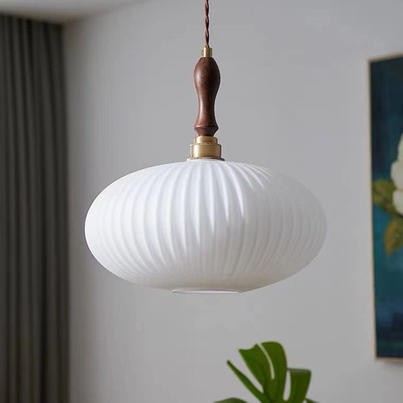 Hanglamp Glas Melkwit Koepelvorm Walnoot Hout 25cm Modern Klassiek Design Eetkamer Keuken Woonkamer Café | Sansoti