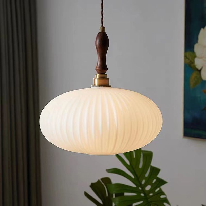 Hanglamp Glas Melkwit Koepelvorm Walnoot Hout 25cm Modern Klassiek Design Eetkamer Keuken Woonkamer Café | Sansoti