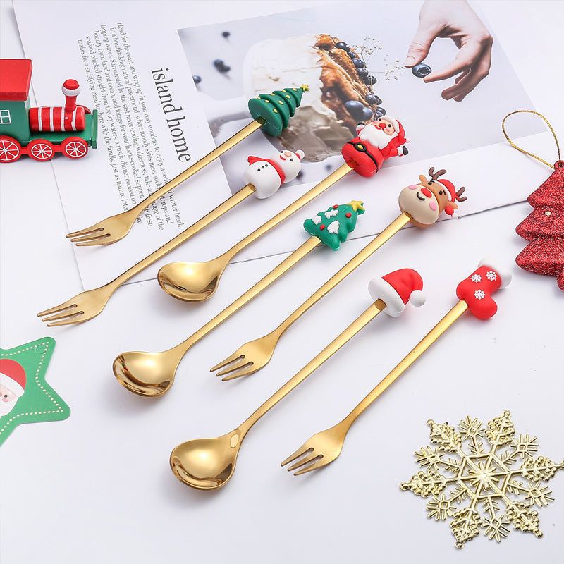 Set de couverts festifs de Noël, cuillère et fourchette en acier inoxydable, or et argent, vaisselle décorative pour table de réveillon | Sansoti