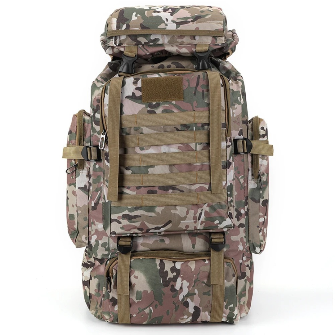 Sac à dos de trekking 80 litres avec système MOLLE ergonomique, sac à dos outdoor camouflage kaki noir pour randonnée | Sansoti