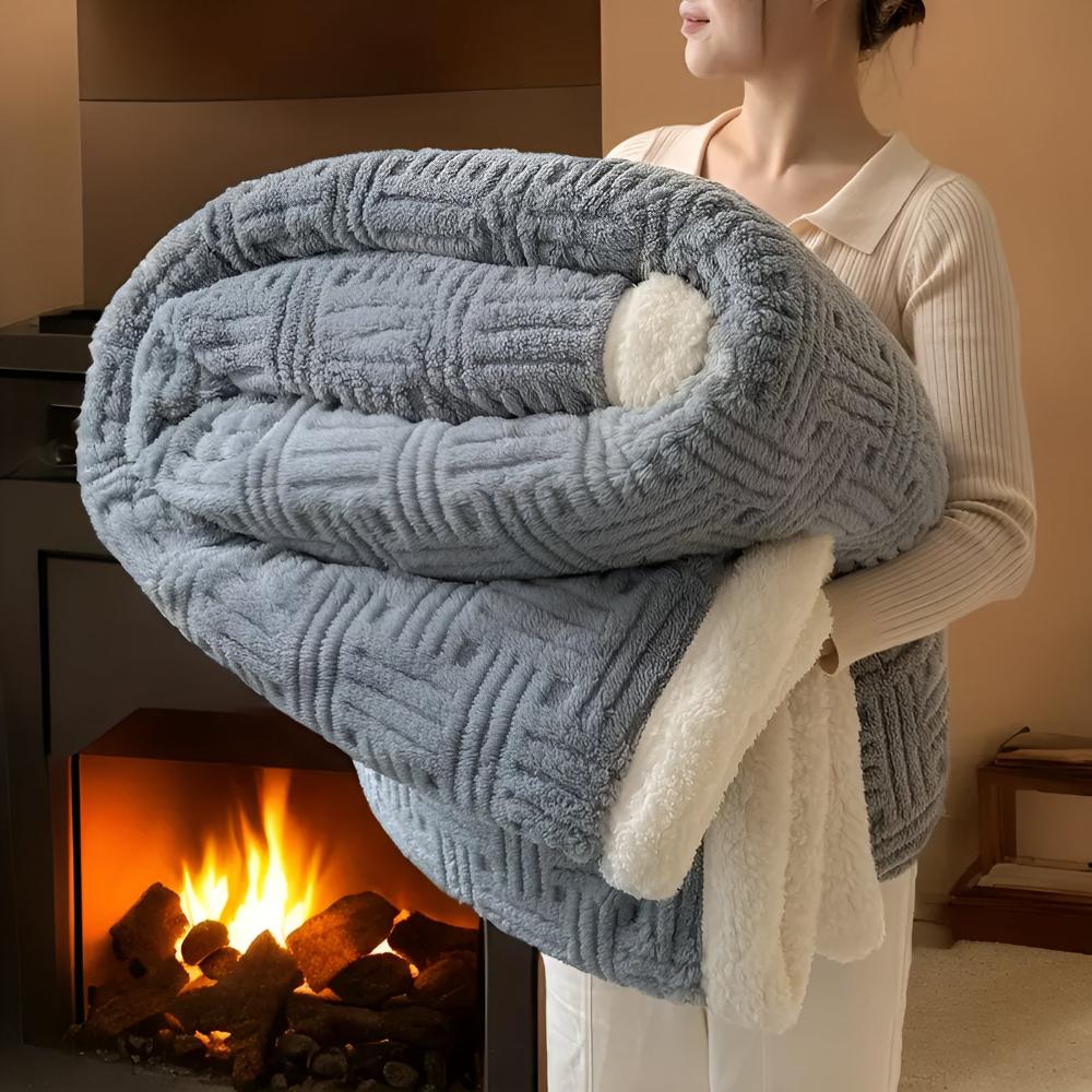 Sherpa Throw Double-Layer Woven Pattern Polyester Soft Warm Beige Gray Pink Green Blue 100-230cm | Sansoti