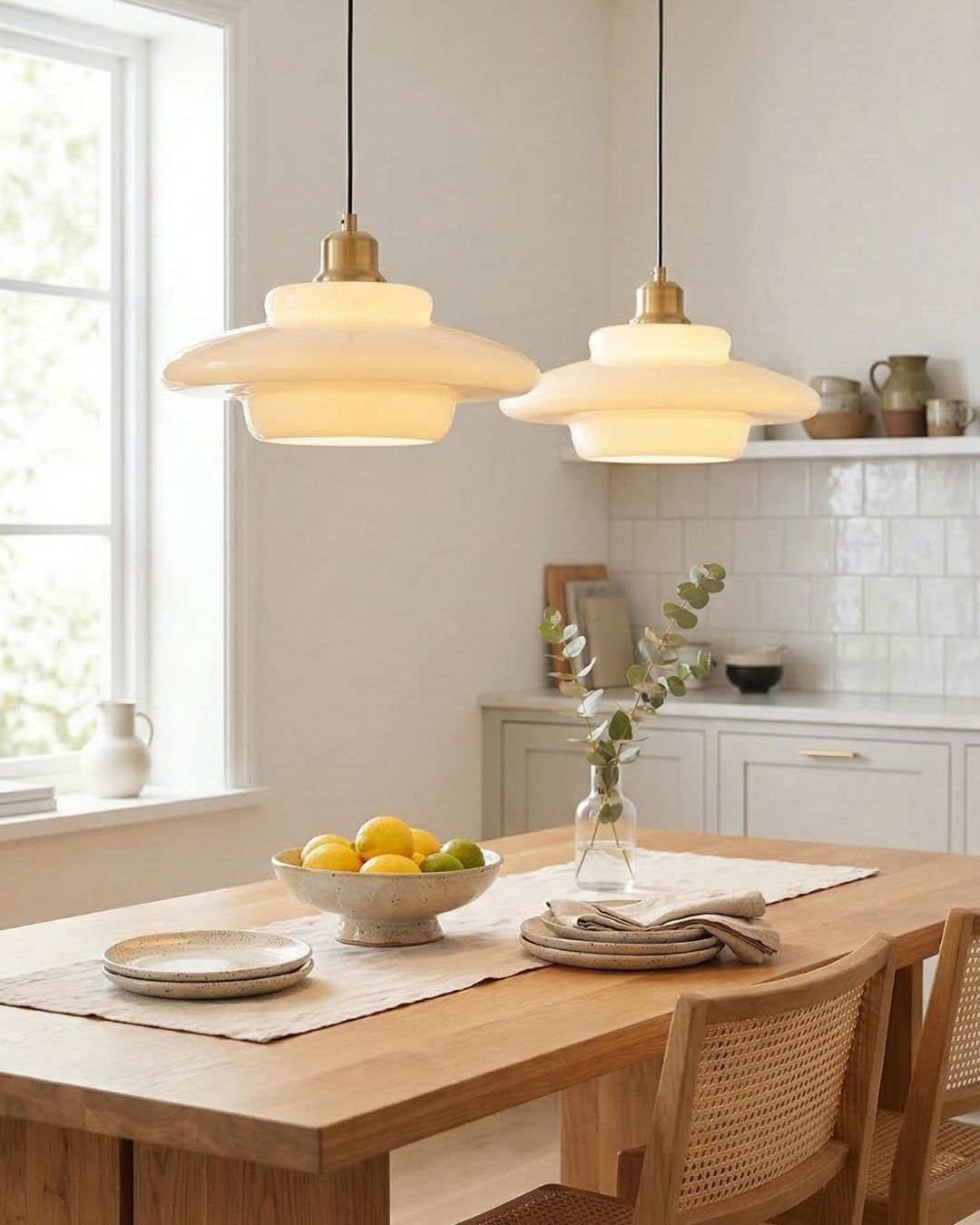 TINA Hanglamp – Mid-Century Melkwit Glas met Geborsteld Messing | Moderne Eetkamer & Keukenverlichting | Verstelbaar | E27 Fitting | Sansoti