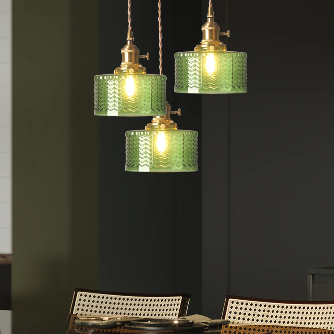 Suspension Quilivon verre laiton vert E27 cuisine table à manger éclairage rétro verre cannelé design | Restfield