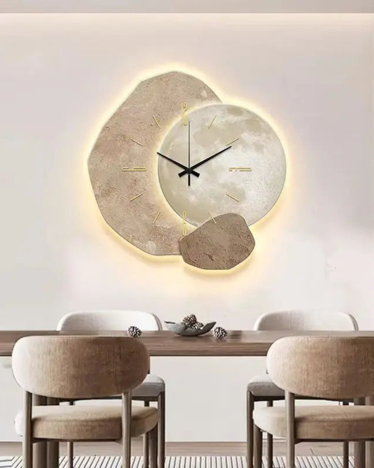 Wandklok met Maanreliëf en Optionele Verlichting Zwart Goud Betonlook Scandinavisch Interieur Decoratief Tijdweergave Woonkamer Slaapkamer Kantoor Modern Minimalistisch Wanddecoratie | Sansoti