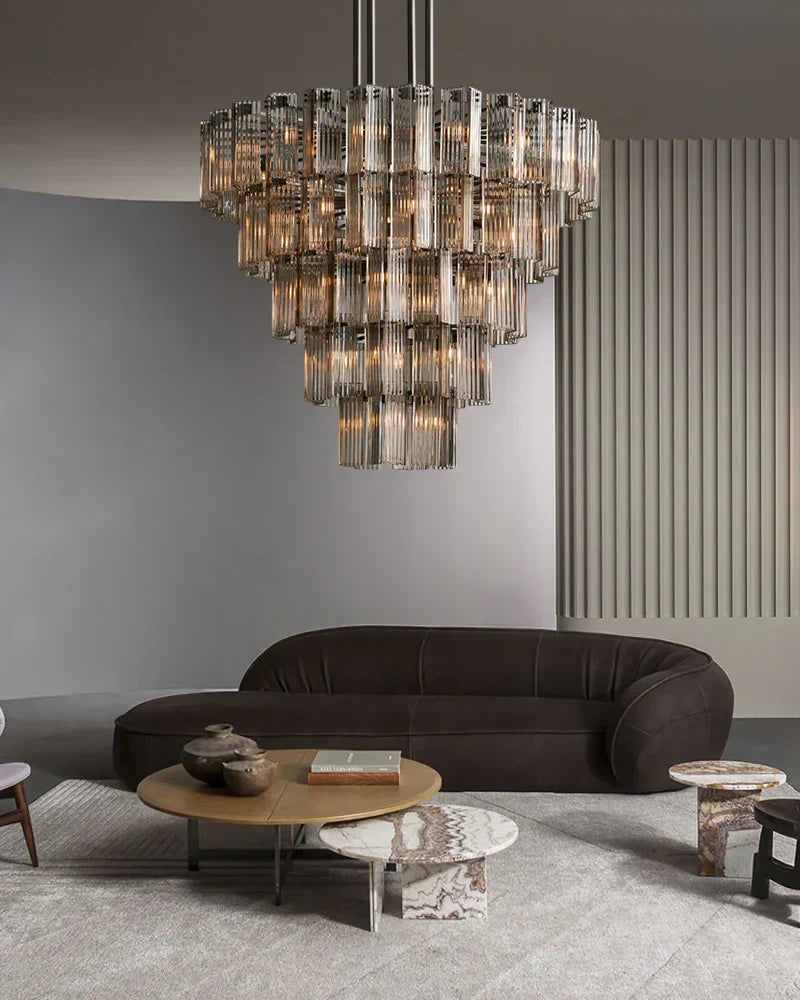 Okrągły żyrandol z ryflowanym szkłem i stalową ramą, 38–60 cm, lampa wisząca z wieloma źródłami światła do jadalni, na klatkę schodową, do sali balowej i salonu | Sansoti