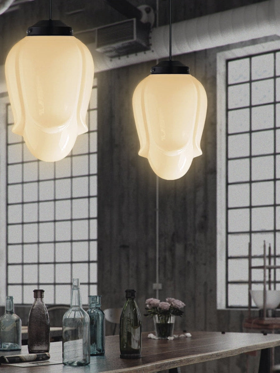 Vintage Art Deco Melkglas Hanglamp met Gestreepte Kap voor Eetkamer en Woonruimte | Sansoti