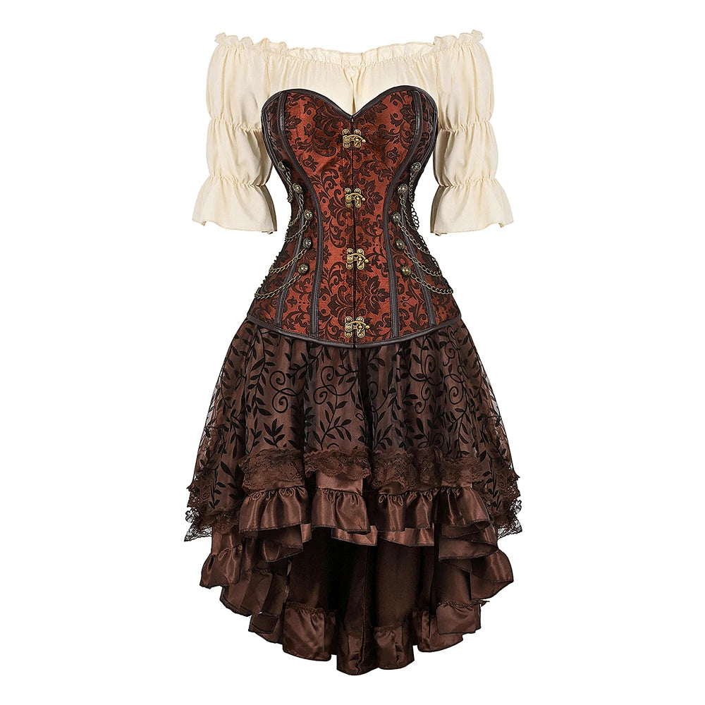 Pirate Corset Costume Set Faux Leather Off-Shoulder Blouse Layered Skirt Steampunk Gothic Halloween Costume | Sansoti