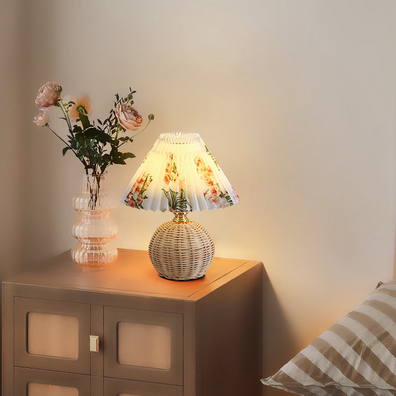 Rattan Tischlampe Plissee Schirm USB 5W Schlafzimmer Nachttisch Skandinavisch Boho Stimmungslicht Rattan Schreibtisch Leselampe | Restfield