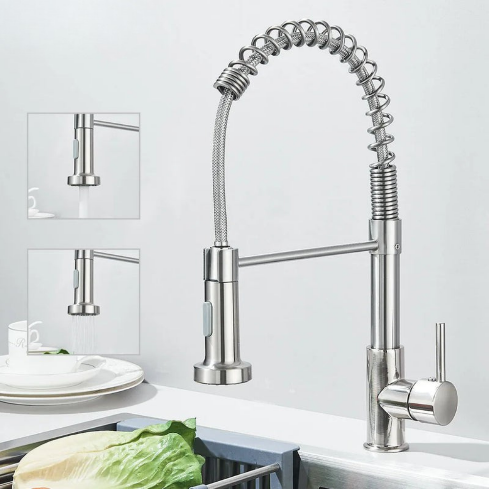 Robinet de cuisine extensible chromé à bec orientable, eau chaude et froide, douchette flexible, mitigeur de cuisine | Sansoti