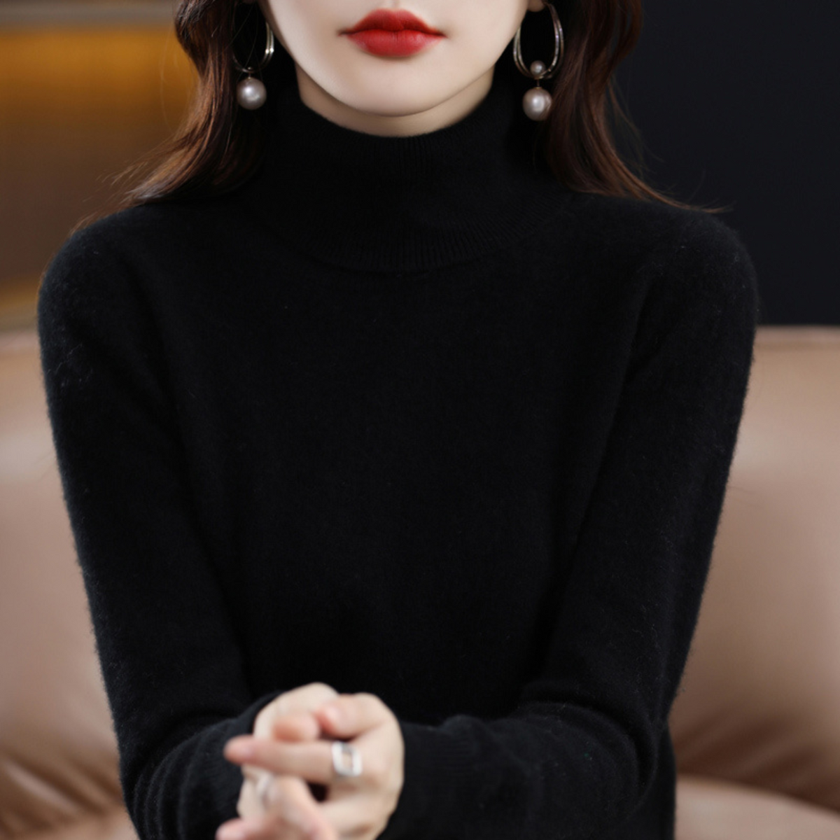 Jersey de cachemira de punto con cuello alto para mujer Negro Blanco Gris Rosa Lila Rojo Azul Marrón Básico elegante de otoño e invierno | Sansoti
