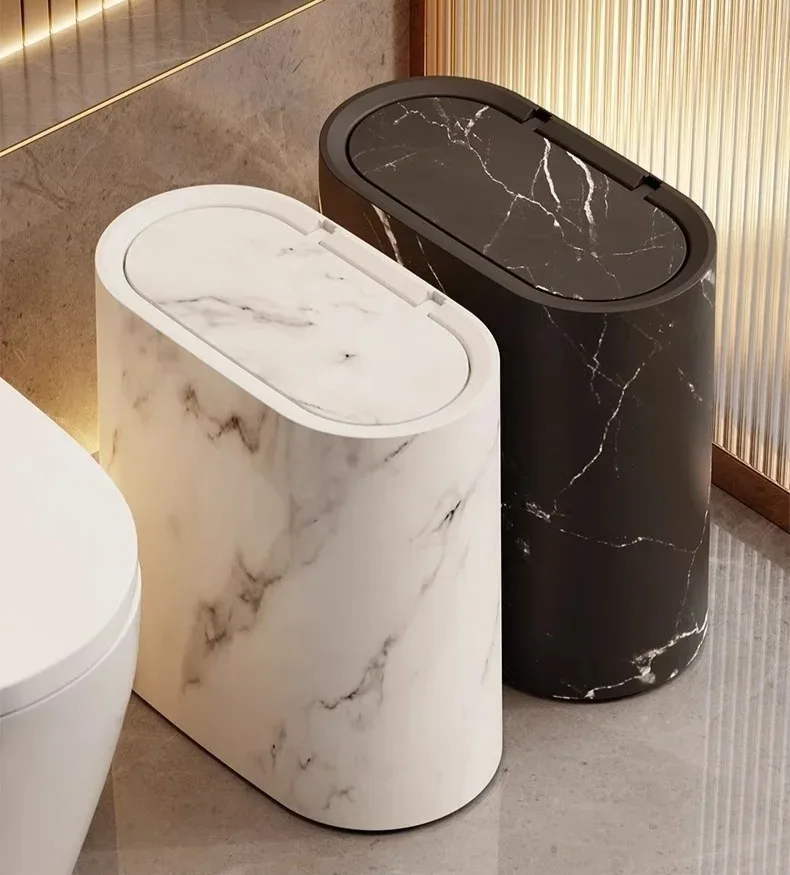 Afvalbak Marmerdesign Ellips Push Deksel Badkamer WC Kantoor Nordic Scandinavisch Compact Hygiënisch | Sansoti